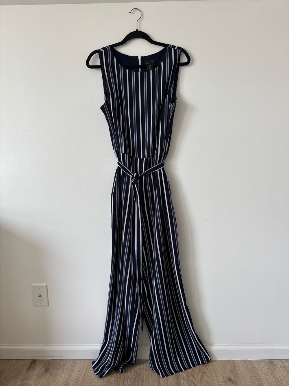 Women’s Tahari Navy & White Striped Sleeveless Jumpsuit with Tie Belt